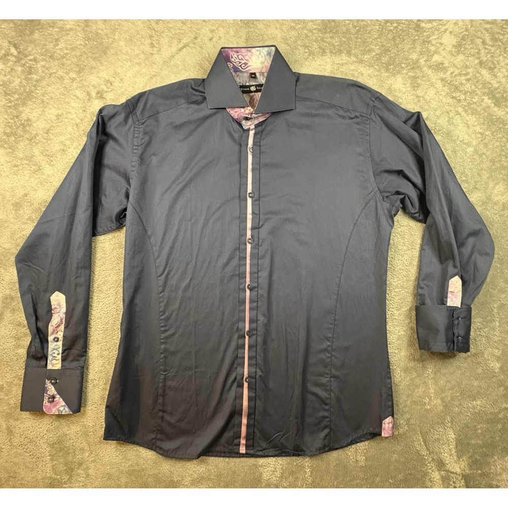 Stone Rose Men's "3/M" Navy Blue Paisley Trim Flip Cuff Dress Shirt SEE DESCRIPT